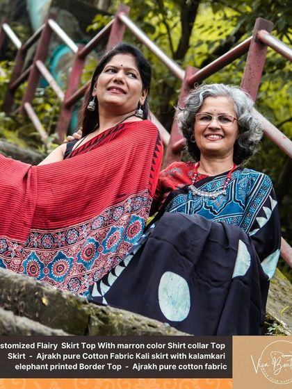 Two friends enjoying their custom-designed ethnic wear. It’s wonderful to see my clients express their individual styles through the outfits we create together.
