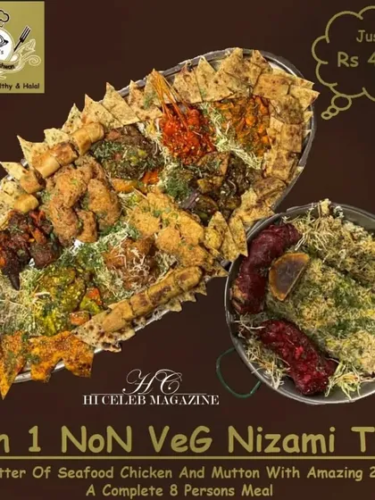 The 3-in-1 Non-Veg Nizami Thaal, a unique platter combining seafood, chicken, and mutton with 21 different items. It's a complete meal designed to satisfy a group of 8 with diverse tastes.