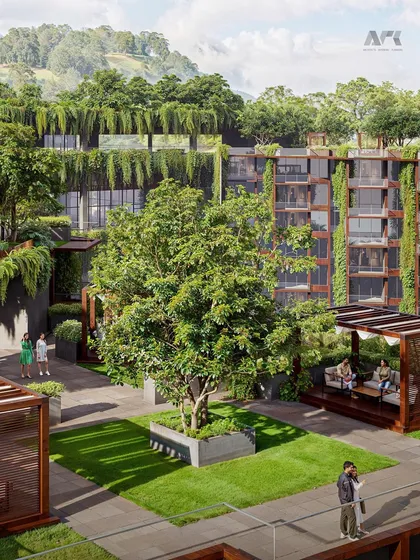 A render of the Westin Nashik, showcasing its terraced design and extensive use of greenery. The architecture is intended to feel like a natural extension of the landscape.