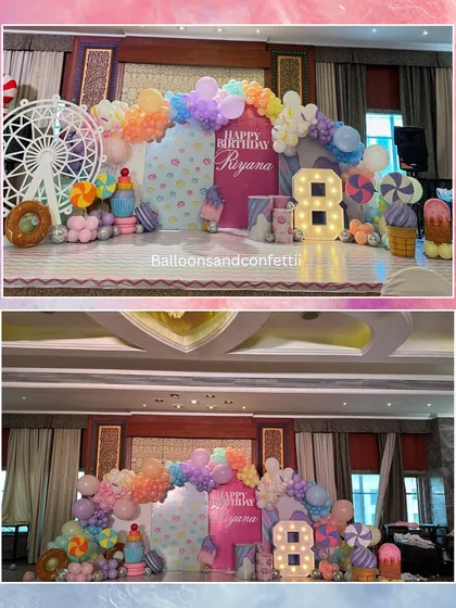 A collage showing different perspectives of the grand Candyland stage setup.