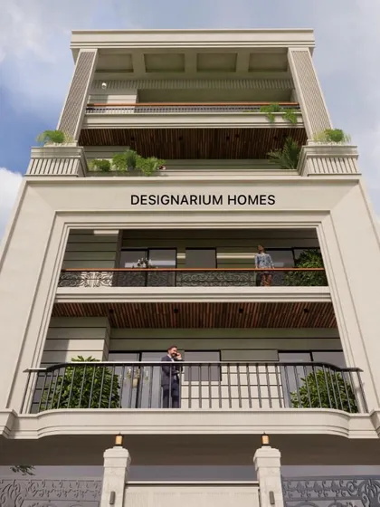 A low-angle shot of the classic facade, emphasizing its verticality and the detailed moulding work. This perspective gives the building a monumental and imposing quality.