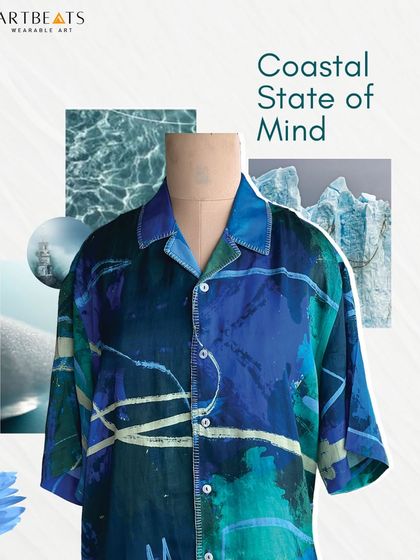 A mood board capturing the coastal state of mind embodied by the Komorebi shirt. The design keeps you connected to the calm of the sea, wherever you are.
