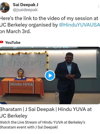 The video of my session at UC Berkeley, organized by Hindu YUVA. The event, titled "Bharatam," focused on the continuity of our civilization and its relevance today.