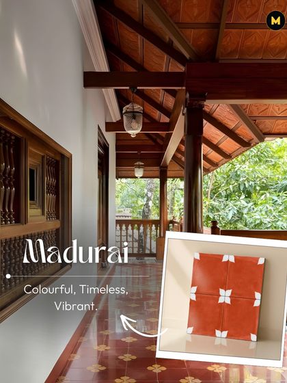 Madurai is colorful, timeless, and vibrant. This classic red Athangudi tile with a simple white motif perfectly captures the soulful, traditional energy of the temple town.