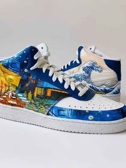 This mismatched pair combines two masterpieces: Van Gogh's "Café Terrace at Night" on one shoe, and Hokusai's "The Great Wave" on the other.