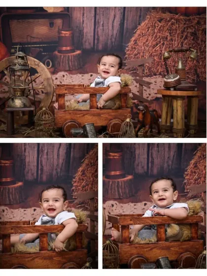 This three-photo collage captures the baby's happy and playful expressions during his vintage-themed session. The rustic wooden cart and barn setting provide a perfect backdrop.