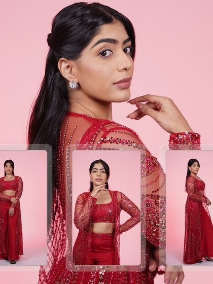 A collage showcasing our red three-piece Indo-Western set from multiple angles. Perfect for planning your next party outfit.