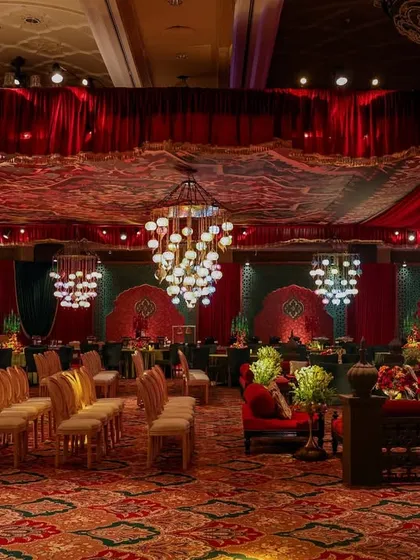 This is a glimpse into the 'Pakeezah Sufi' world I crafted. The entire ballroom was transformed into an opulent durbar with custom-printed ceilings, cascading chandeliers, and rich velvet seating, creating an atmosphere of spiritual and aesthetic abundance.