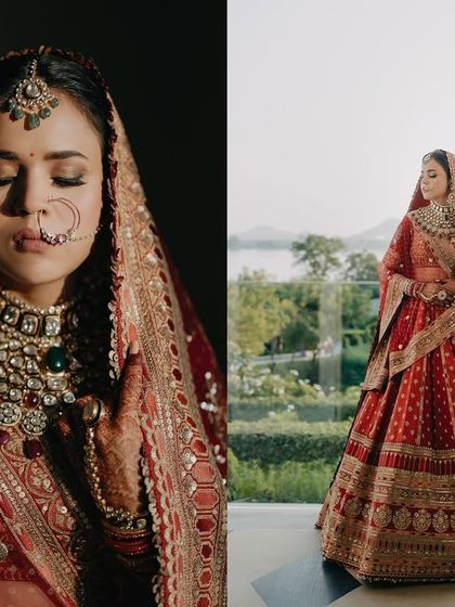 A diptych of bride Divya, combining a dramatic, moody portrait with a full-length shot overlooking the lake. This showcases her regal beauty and the stunning Udaipur landscape.