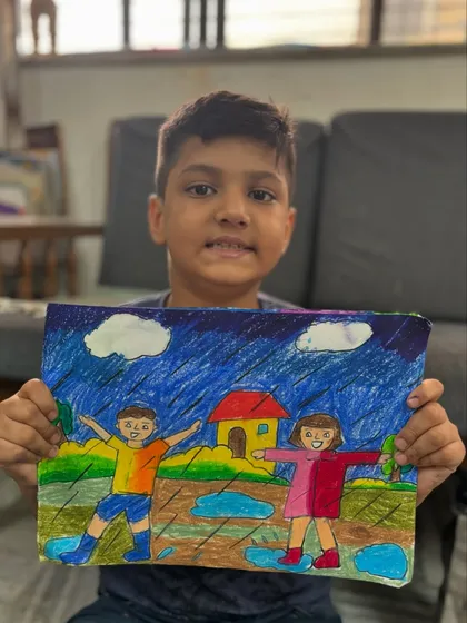 Another memory drawing of a rainy day scene by a 4th-grade student. Each student develops their own style while learning the core principles of memory drawing.