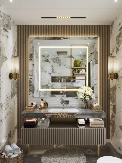 This bathroom is a statement in timeless sophistication, with dramatic marble walls, a floating fluted vanity, and elegant wall sconces.