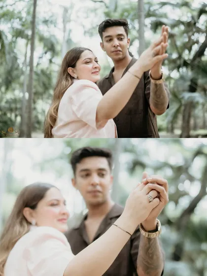A gentle dance in the woods. This shot from Shubhi and Kunal's pre wedding session captures a moment of playful romance, with the focus on their hands telling a story of connection.
