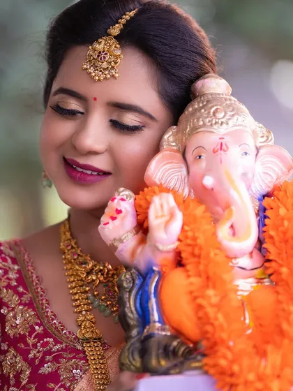 This series showcases a model in a festive look for Ganesha Chaturthi, wearing our complete temple jewellery set. It includes various angles highlighting the necklace, earrings, and maang tikka.