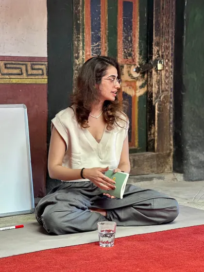 In my natural habitat: teaching, curating, and exploring. This was during a philosophy session at our Ladakh retreat.