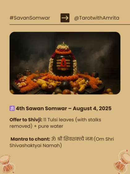 For the fourth and final Sawan Somwar, the focus is on purity and divine union. I guide you to offer Tulsi leaves and pure water, chanting "Om Shri Shivashaktyai Namah" to honor the divine masculine and feminine energies.