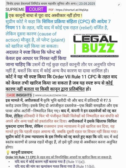 An important Supreme Court ruling on Order VII Rule 11 of the CPC. It clarifies that a plaint cannot be rejected if a valid cause of action exists, even if some reliefs claimed are barred by law.