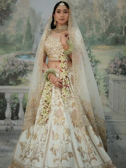 A full-length portrait showcasing the grace of the white lehenga paired with my delicate floral kalire. This is a perfect look for a Nikkah ceremony or a sophisticated pre-wedding event.