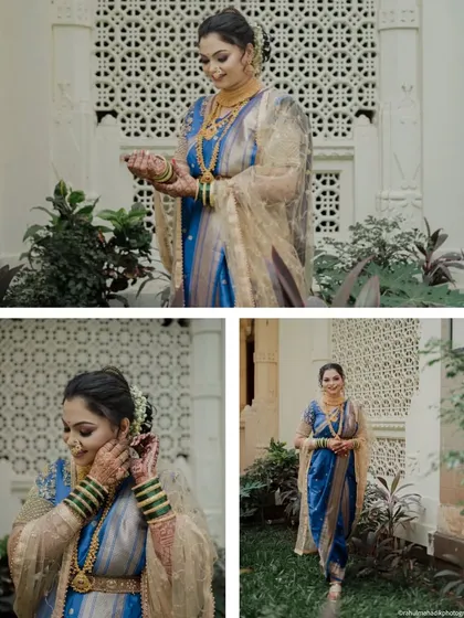 A collage showcasing the bride's preparations and final look in her stunning blue Nauvari saree. These individual portraits capture the elegance and anticipation before she joins her groom.