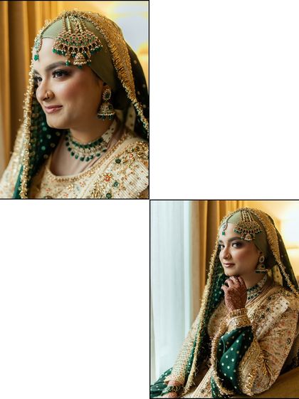 A set of two beautiful bridal portraits. The bride's serene expression and the close-up on her traditional Muslim bridal jewelry highlight her elegance.