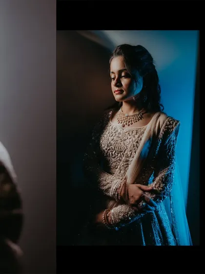 A beautiful bridal portrait using soft blue light to create a serene and contemplative mood.