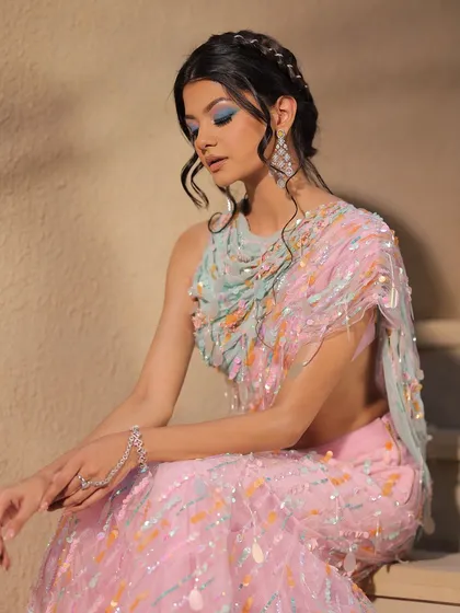 A full-length view of the carnival look, showing how the makeup ties the whole artistic vision together.