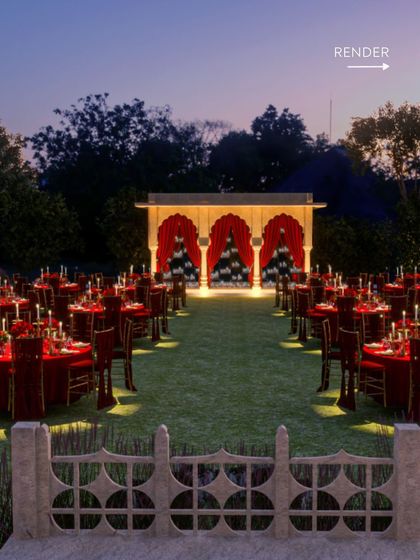 Render: A different angle of the sangeet reception render, focusing on the symmetry and scale of the outdoor setup. This view helped us plan the guest flow and ensure every table felt part of the main celebration.