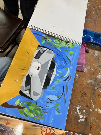 The finished Lamborghini painting, a great example of how we support kids in drawing and painting subjects they are passionate about.