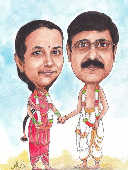 A beautiful handmade caricature celebrating a 30th wedding anniversary, showing the couple in traditional wedding attire.
