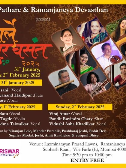 An invitation to my sitar solo performance at "Parle Swar Vasant 2025" in Mumbai, accompanied by the talented Amit Kavthekar on tabla. This event is free for all to attend.