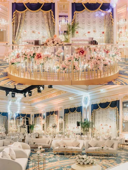 A collage showing the grand, circular bar and the luxurious white lounge seating from a regal welcome event.