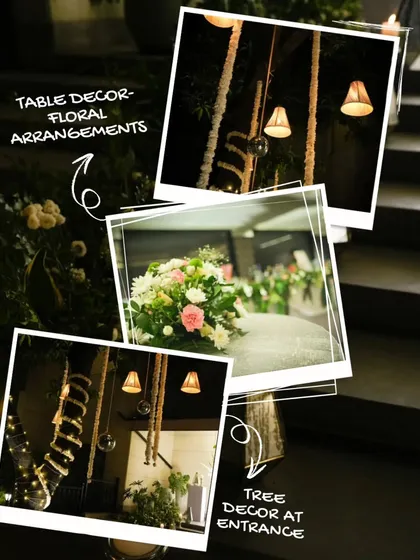 A collage of the table decor, floral arrangements, and tree decorations from Saumya and Digvijay's elegant cocktail night.