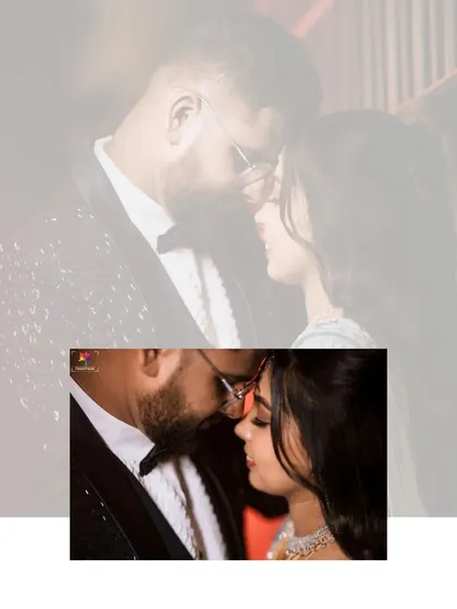 A close-up, intimate portrait focusing on the couple's connection. The soft focus and warm lighting create a romantic and dreamy atmosphere for this reception photo.