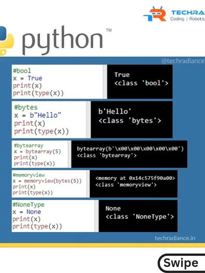 A guide to more advanced or specific Python data types like boolean, bytes, bytearray, and memoryview.