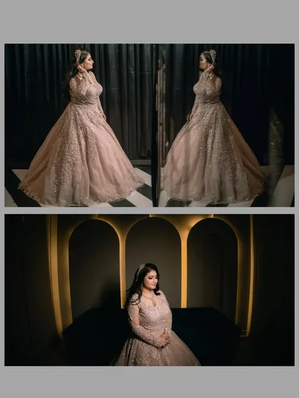 A two-panel image showcasing the bride, Paromita, in her magnificent gown. The reflection shot and the seated portrait highlight the grandeur of her look.