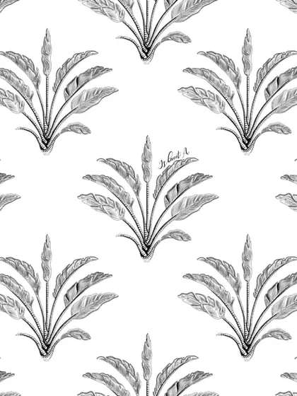 A seamless pattern of a tropical plant, rendered in detailed black and white line work. This is a great supporting pattern that coordinates with the more complex designs in the Madagascar collection.