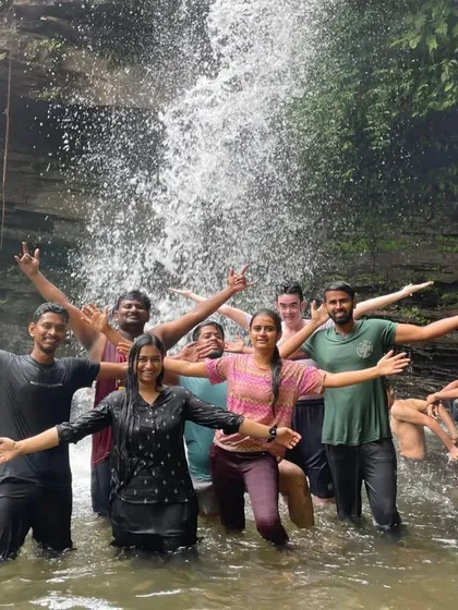 Pure joy at Soormane waterfalls, a highlight of the Nethravathi trip. After the trek, there's nothing better than this refreshing dip with the group.