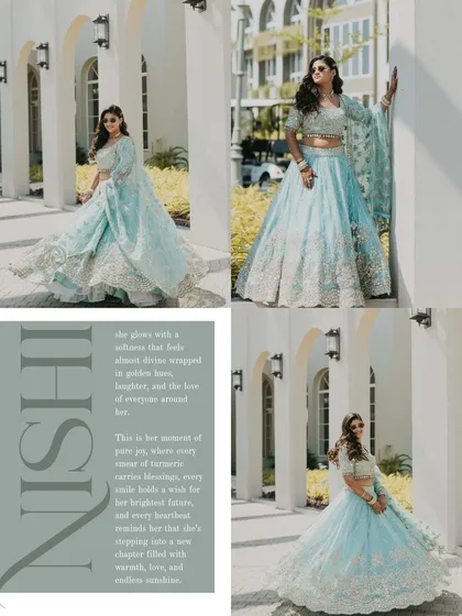 A collage dedicated to the bride's stunning pastel blue lehenga for her Haldi. The text and various portraits celebrate her radiance and joy on this special day.