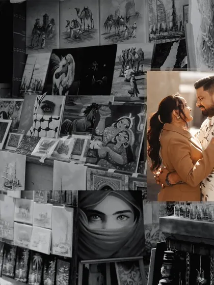 A creative collage blending a romantic couple portrait with the artistic atmosphere of a local art market in Dubai, telling a story of love and culture.