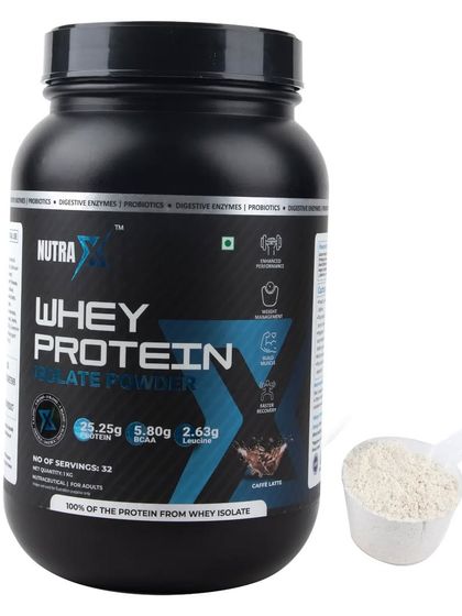 A tub of whey protein isolate powder shown with a scoop of the product, perfect for Amazon listing images.
