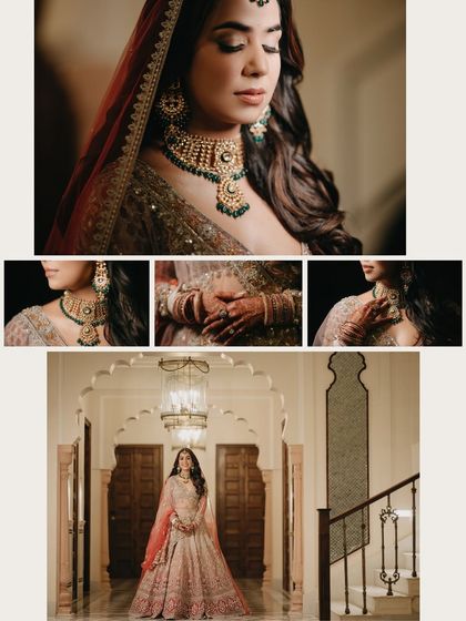 A collage of the bride Chitranksha's wedding look. It highlights the details of her jewelry, her henna-adorned hands, and her magnificent lehenga, all set within the beautiful corridors of the venue.
