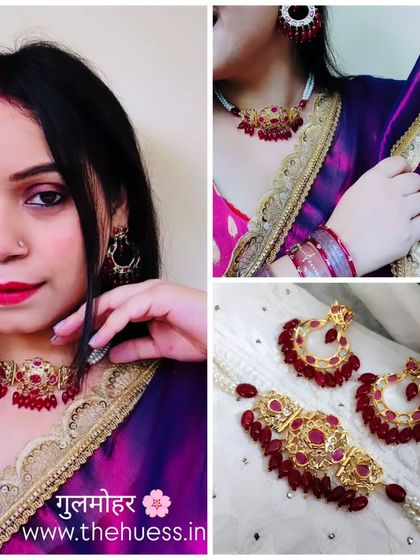 An influencer collage featuring the 'Gulmohar' necklace set. This piece, with its ruby red stones and crescent-shaped earrings, is a favourite for its vibrant and traditional Rajasthani appeal.