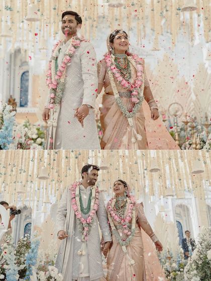 A collage capturing the joy and love of the newlyweds amidst a shower of flower petals. The feather-inspired backdrop adds a touch of modern elegance to the scene.