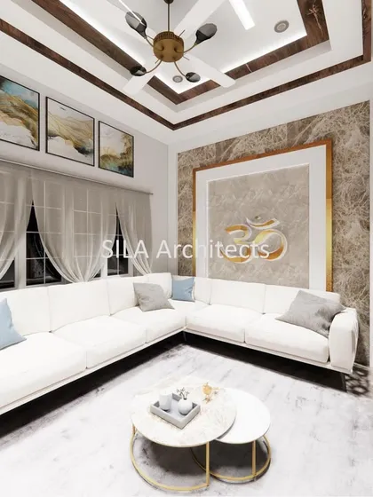Another view of the same living space, focusing on the feature wall with a golden 'Om' symbol, marble-finish texture, and elegant recessed lighting, creating a spiritual and aesthetic focal point.