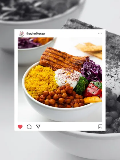 The vibrant colors of my Shish Tawook bowl. You can see the purple cabbage, yellow rice, red peppers, and seasoned chickpeas.