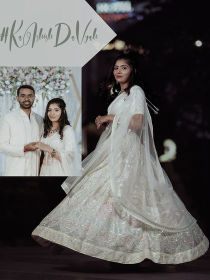 A collage showing the bride's twirling lehenga and a portrait with her groom. This highlights both the beautiful outfit and the couple's connection.