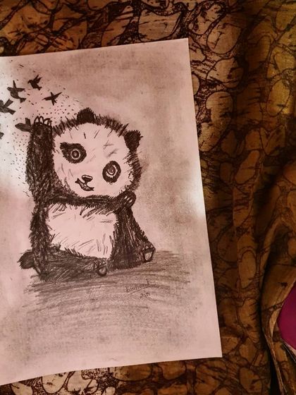 The finished pencil sketch of the cute panda waving goodbye to a flock of birds.
