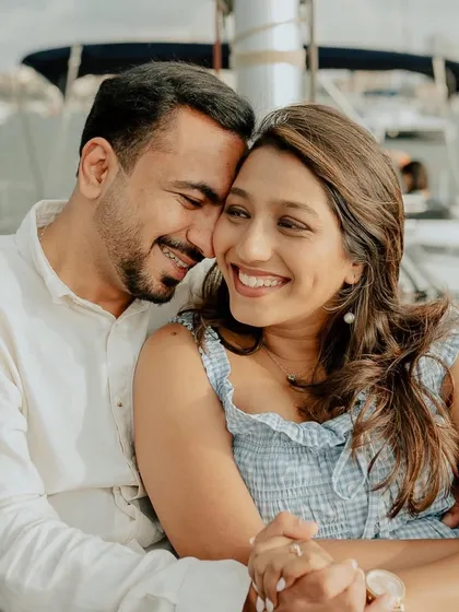 The warm smiles and easy comfort between Dhwani and Riten during their yacht pre-wedding shoot in Mumbai.