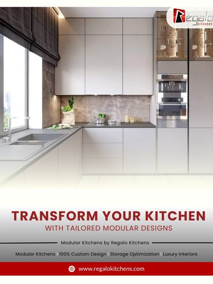 Transform your kitchen with tailored modular designs. This graphic emphasizes our 100% custom designs, storage optimization, and luxury interiors.