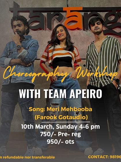 Announcing a weekend choreography workshop with Team Apeiro, where students can learn a banger routine to a popular remixed song.