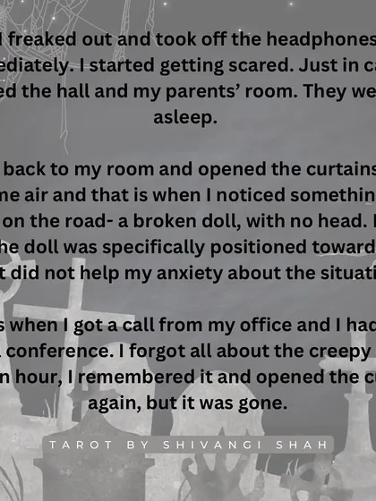 The terrifying story of someone hearing a girl crying through their headphones, finding a headless doll, and discovering its connection to a deceased child.
